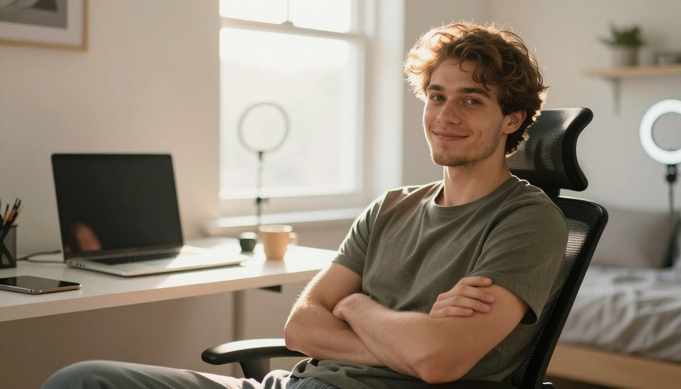Confident male content creator in home studio
