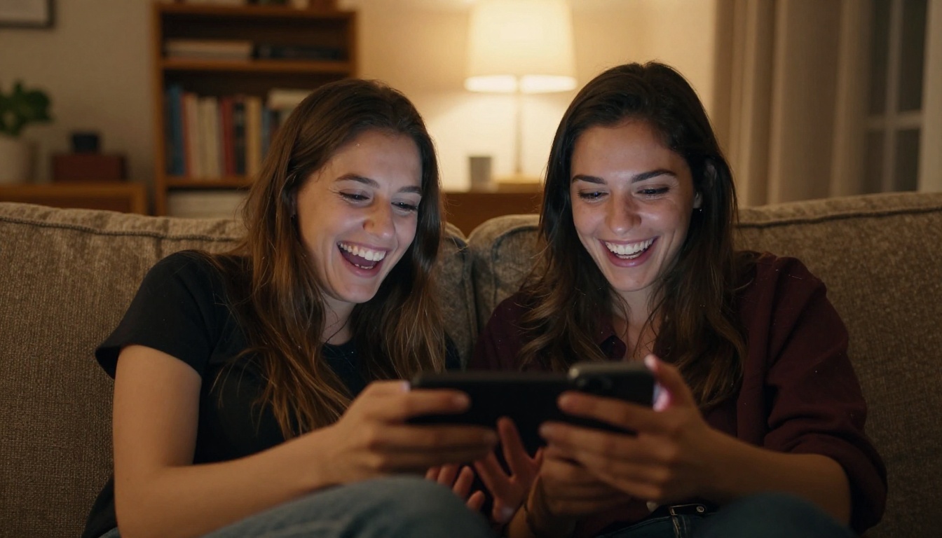 Friends laughing together watching phone