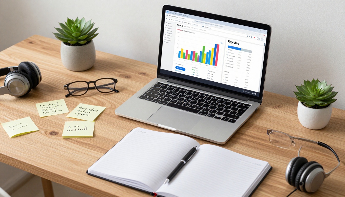 Aerial view of desk with analytics dashboard