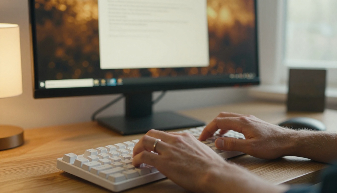 Man typing a text prompt into a video generation interface on a mechanical keyboard