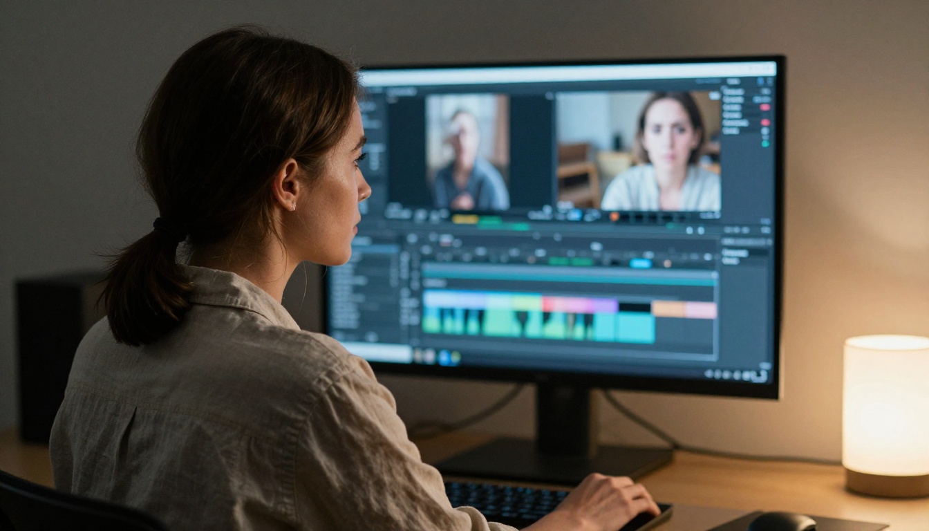 Woman color grading video footage on monitor