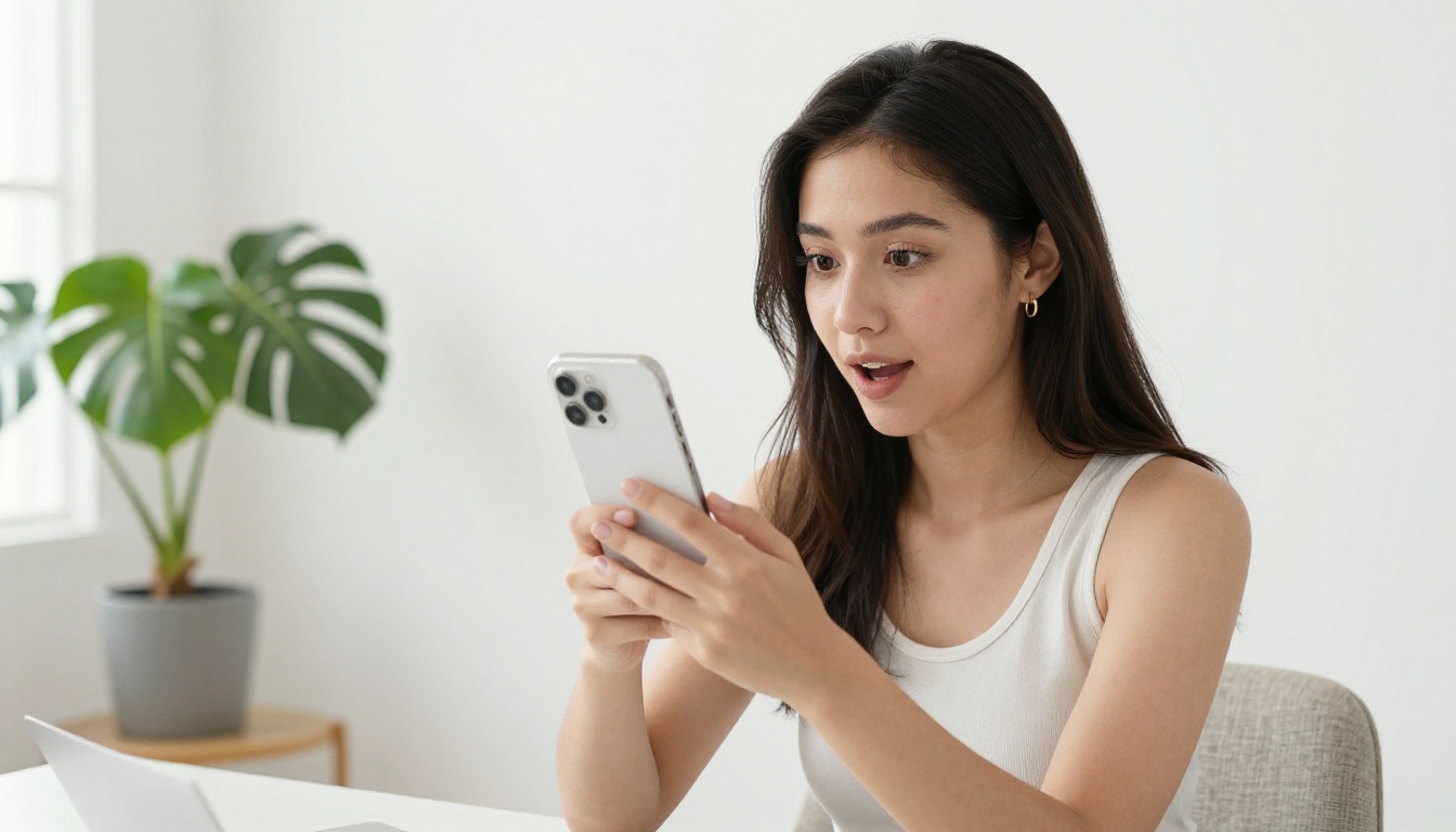Young woman surprised by AI video result on her smartphone in a bright home office