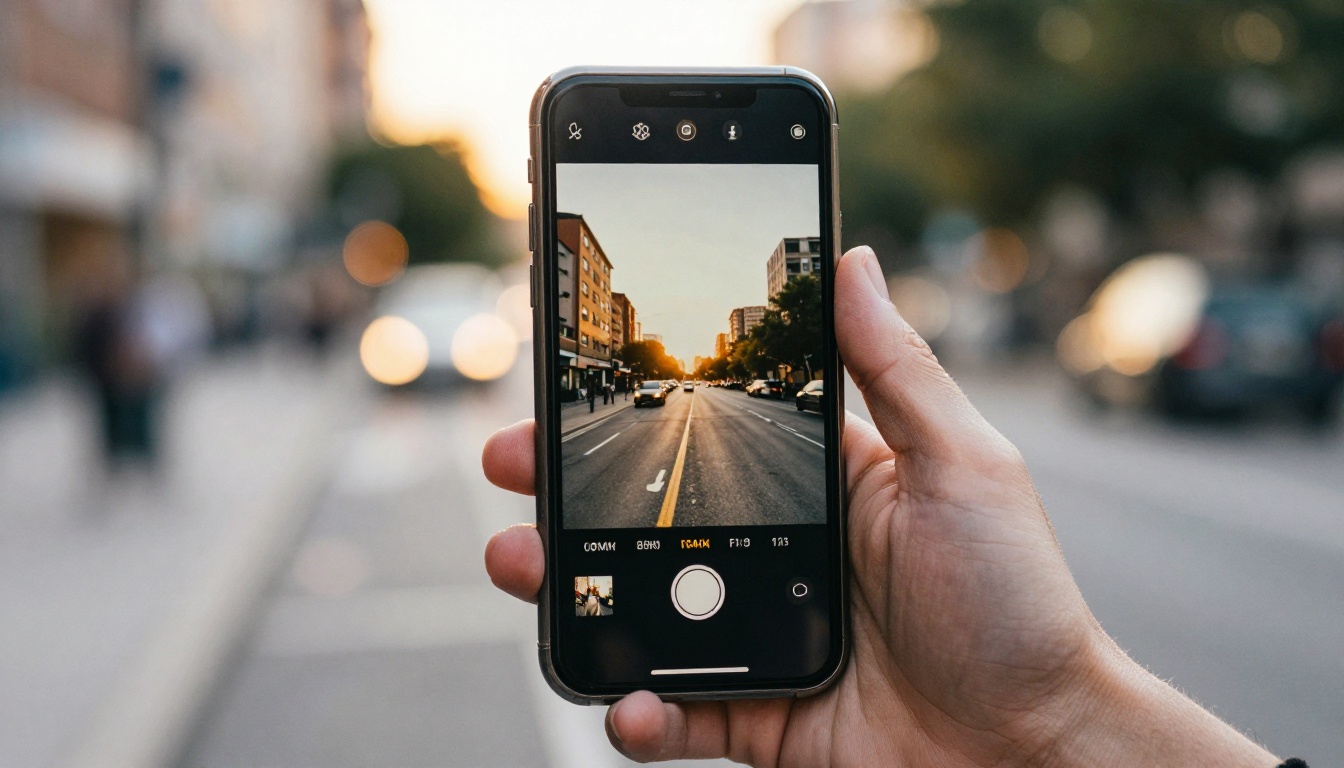 Smartphone showing vertical video in outdoor golden hour