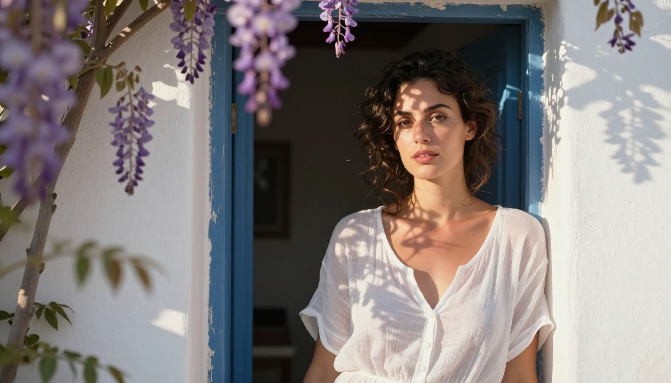Woman in sheer white linen sundress in Santorini doorway, AI-generated photorealistic fashion photography