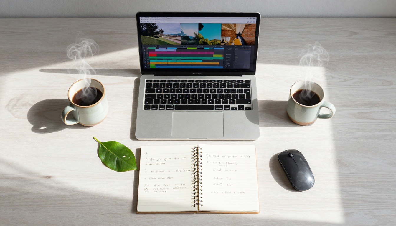 Aerial flat lay of a creative workspace with laptop showing video timeline, coffee and notebook