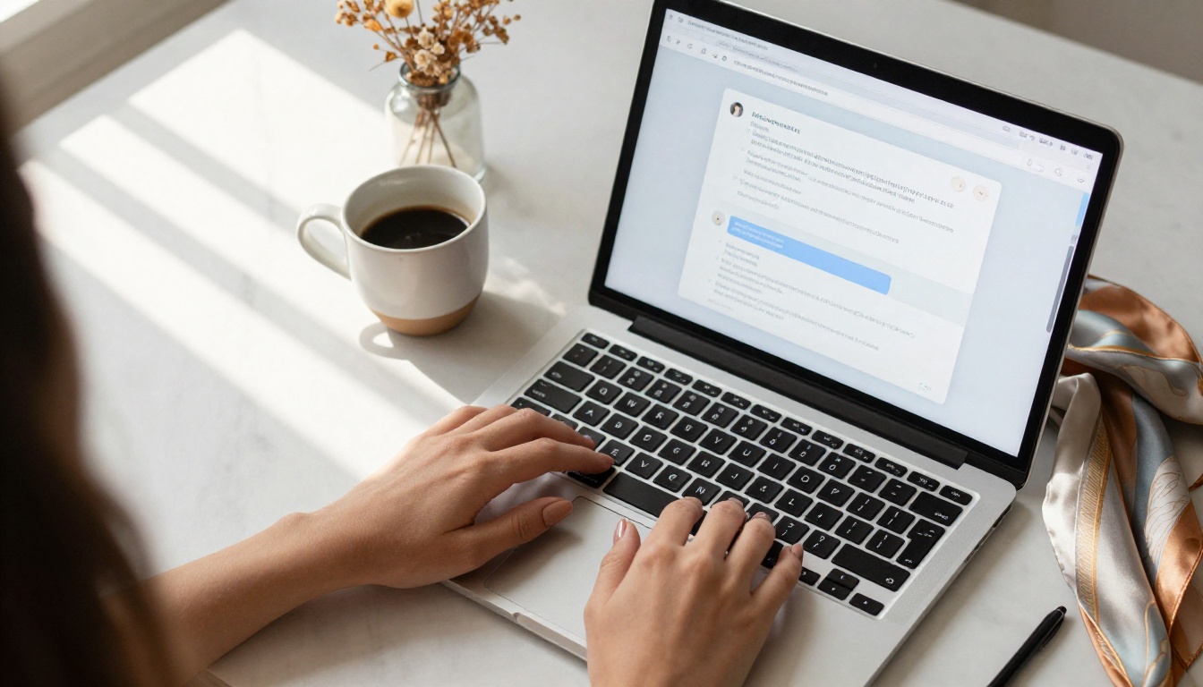 AI hands typing on laptop with chat interface glowing on screen