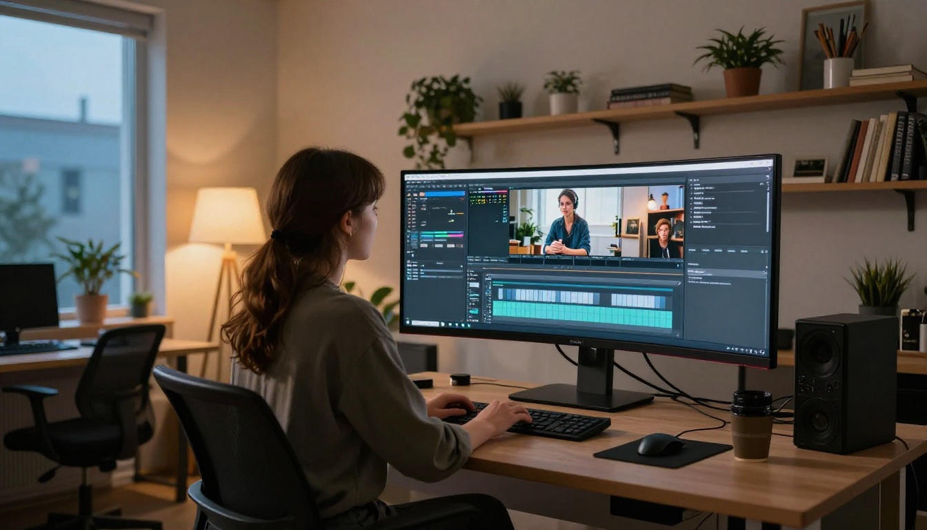 Wide shot of creative studio workspace at dusk