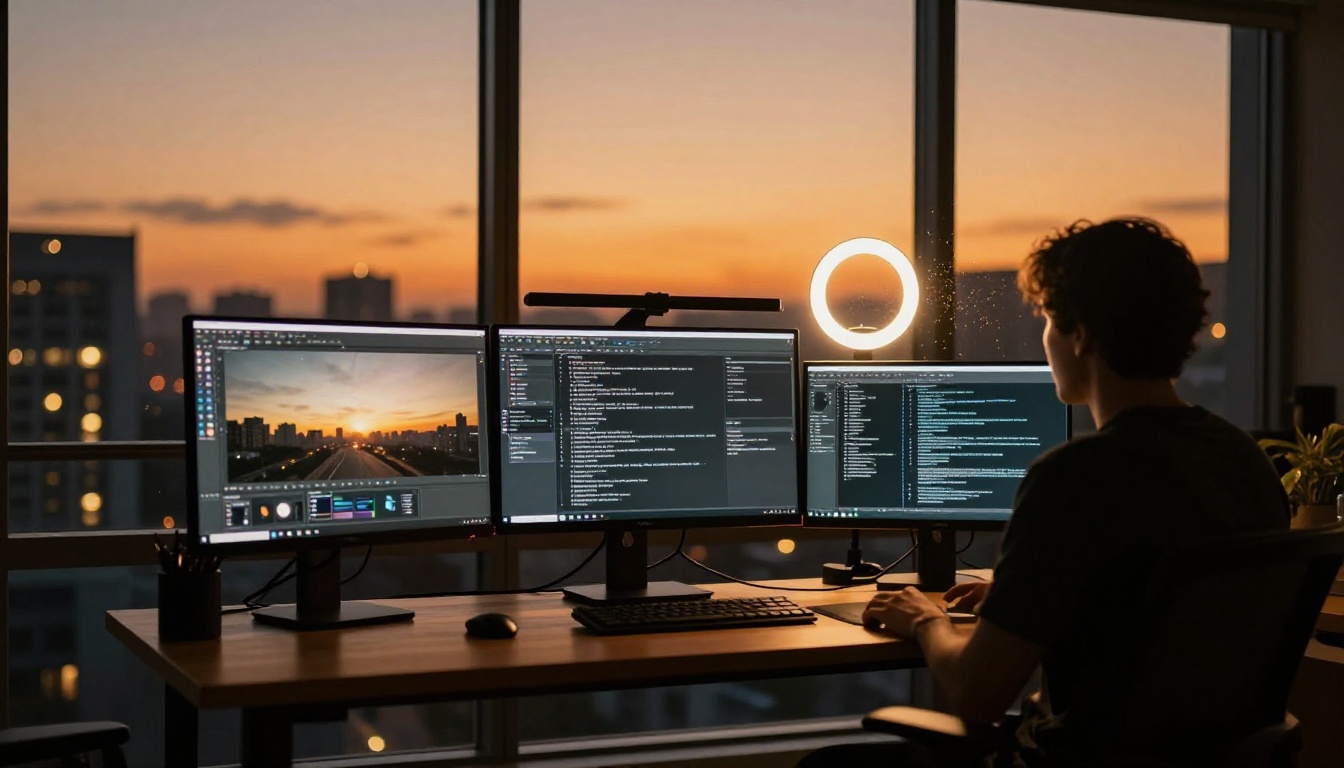 Creative professional standing at dual-monitor workstation with city lights at dusk
