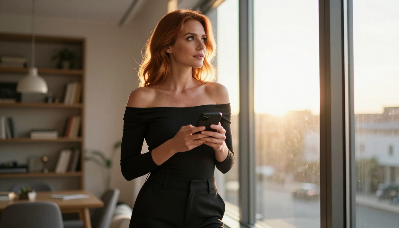 Confident woman with auburn hair standing by apartment window at golden hour