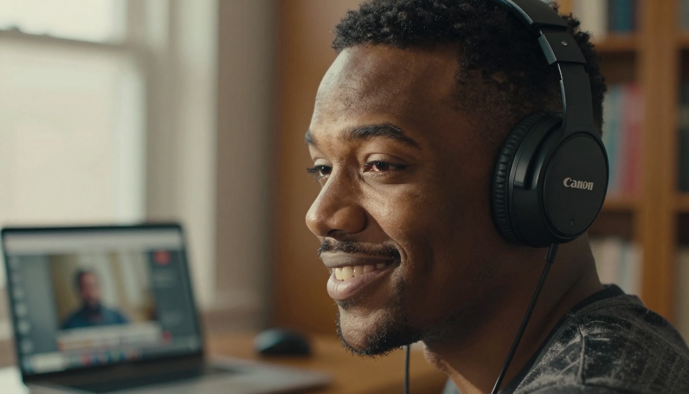 Smiling young man with headphones watching AI-generated video results on laptop