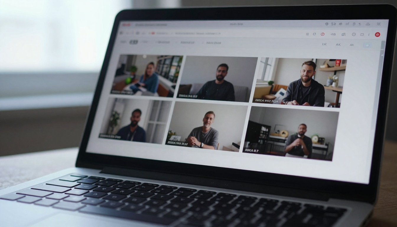 Clean laptop screen showing a video platform interface with content grid