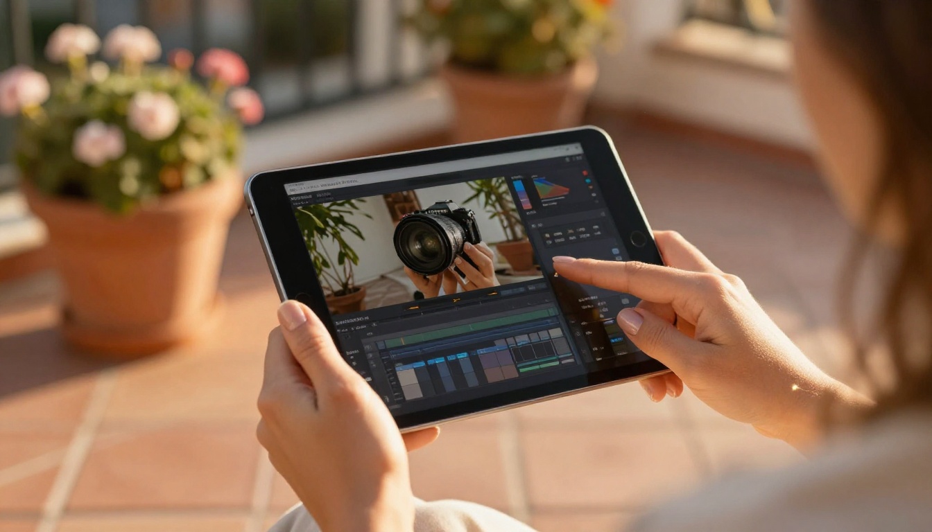 Woman holding tablet on a sunny Mediterranean terrace with potted flowers in the background
