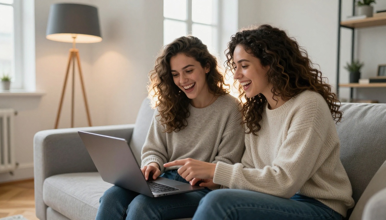 Two women sitting on a sofa together, laughing while watching a laptop screen