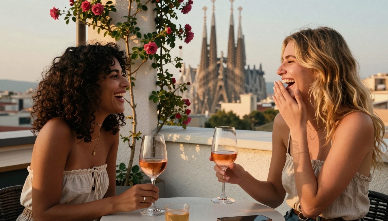 Two beautiful women laughing candidly at a rooftop bar in Barcelona at golden hour, AI lifestyle photography