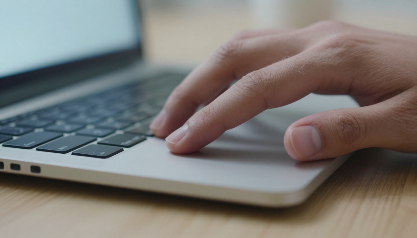 Close-up of a finger pressing play on a laptop touchpad, sharp skin texture visible