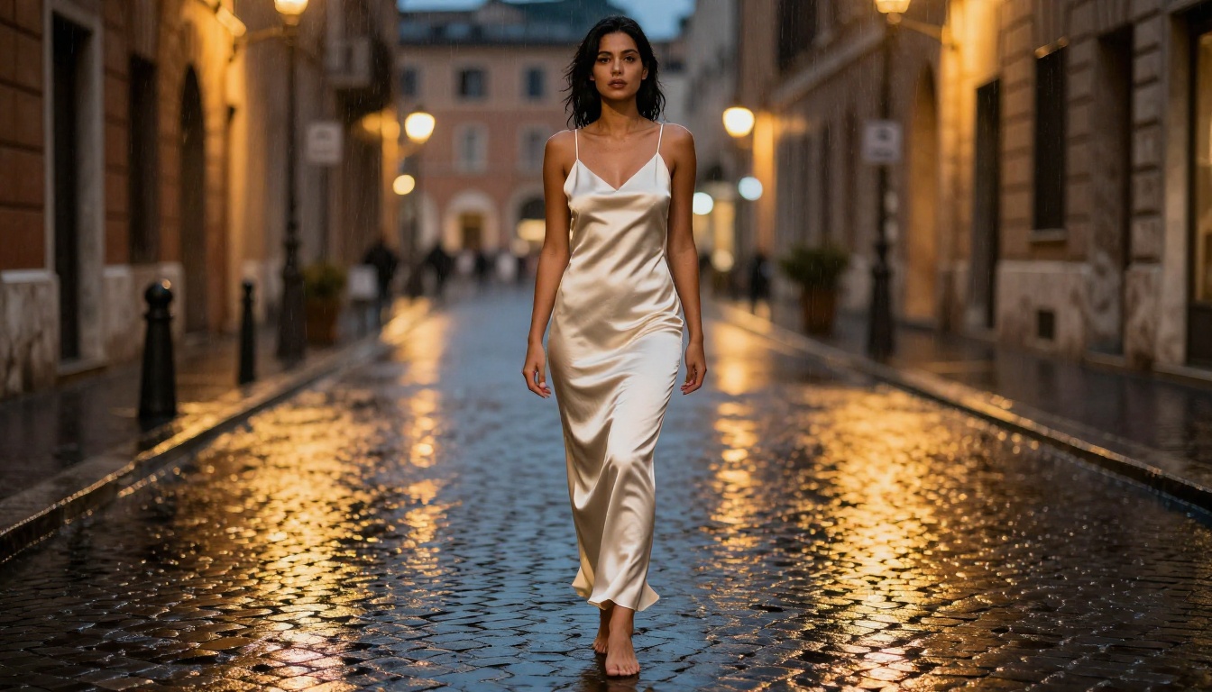 Woman in ivory satin slip dress on a rain-wet cobblestone street in Rome at night, AI street fashion photography