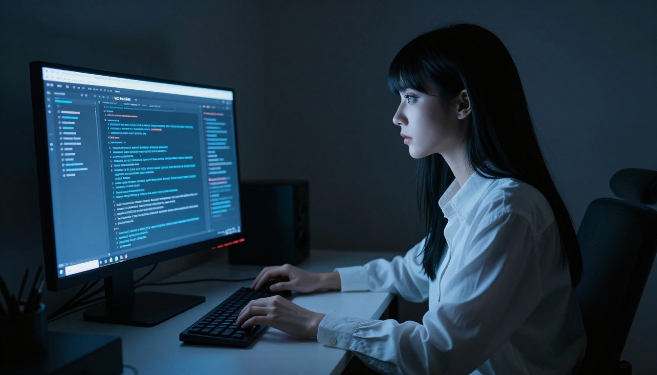 Woman at home desk dramatically lit by the blue-white glow of a monitor