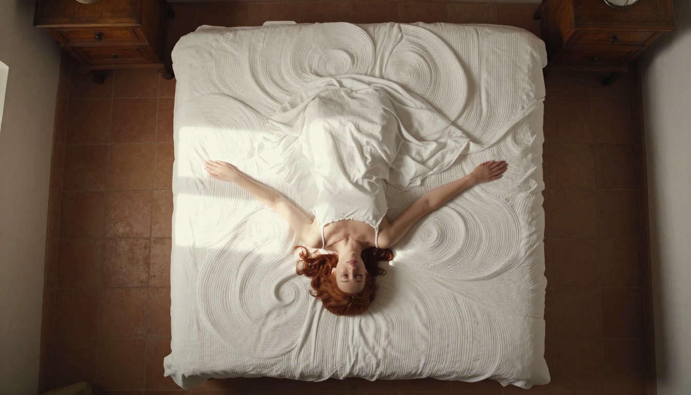 Aerial overhead view of a woman with red hair lying on white linen bed in Italian farmhouse, AI fine art photography