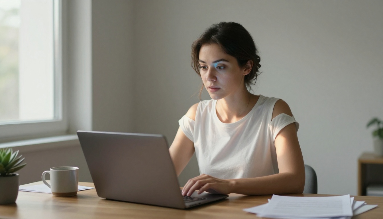 Woman researching AI generators on laptop