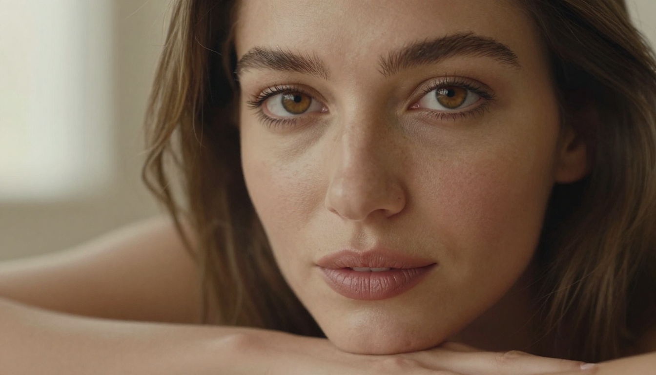 Intimate close-up portrait of Mediterranean woman with hazel eyes and natural nude makeup