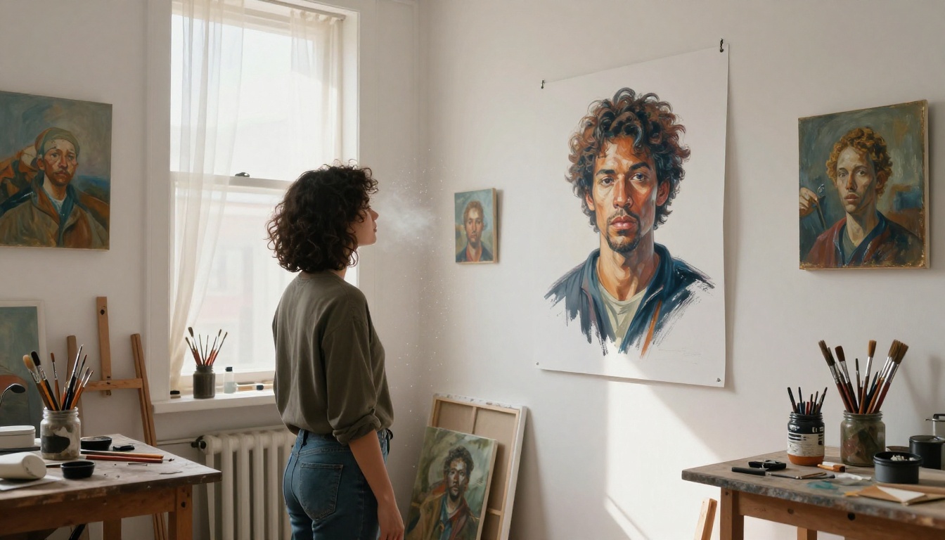 Artist in a studio examining AI-generated and traditional artwork