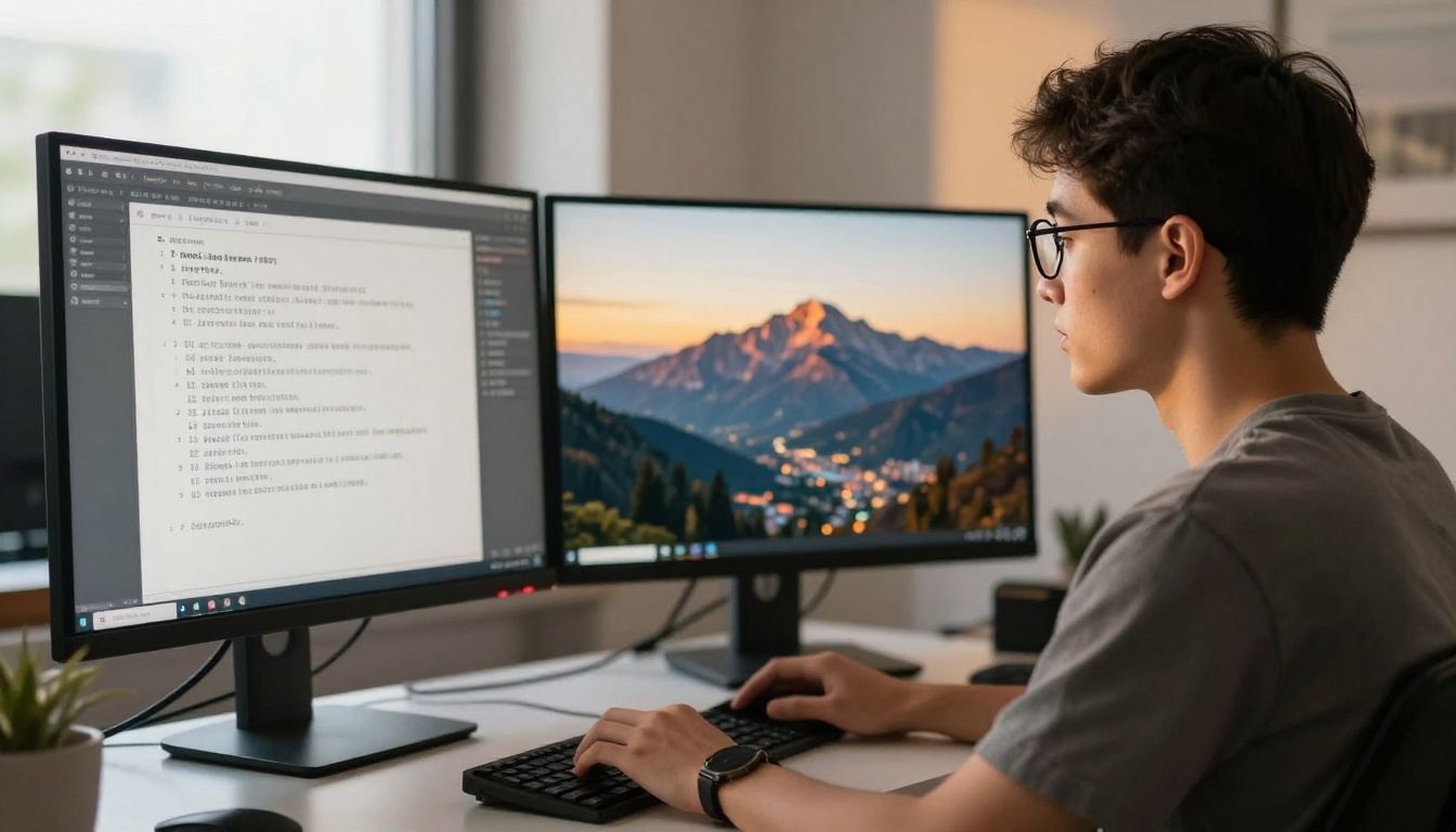 Person at a dual-monitor setup comparing AI-generated images
