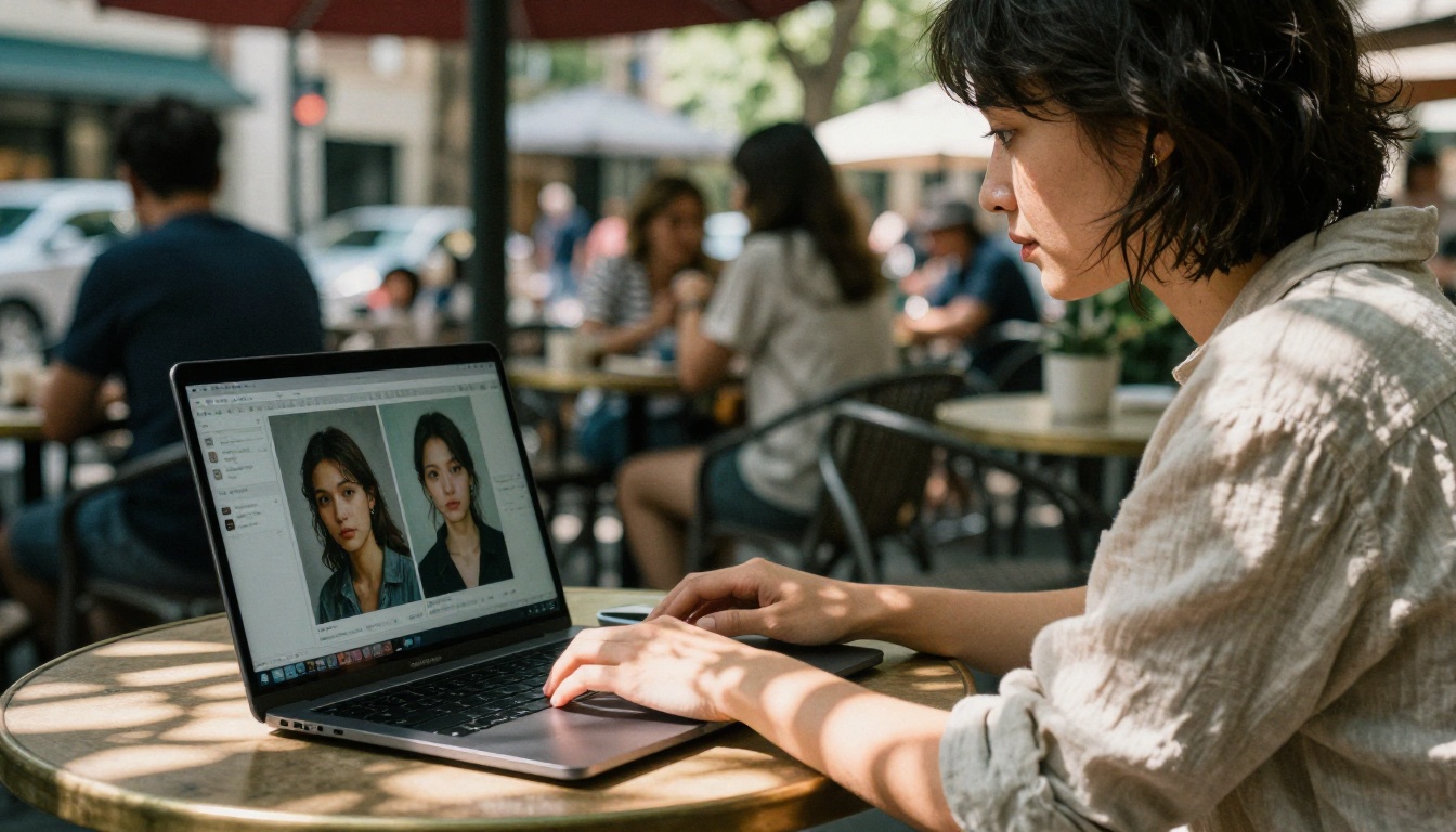 Person comparing AI image outputs on a laptop at an outdoor cafe