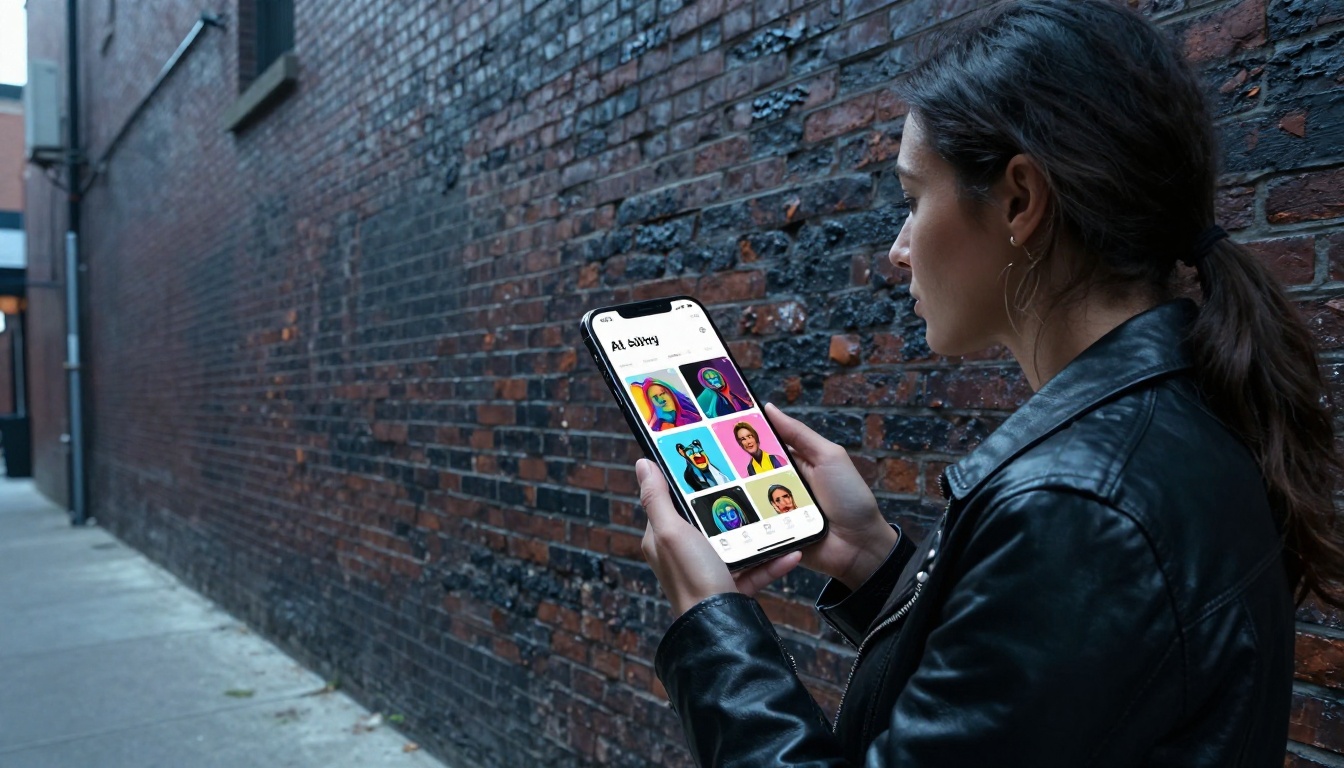 Woman scrolling through an AI art gallery app on her phone in an urban setting Woman scrolling through an AI art gallery app on her phone in an urban setting