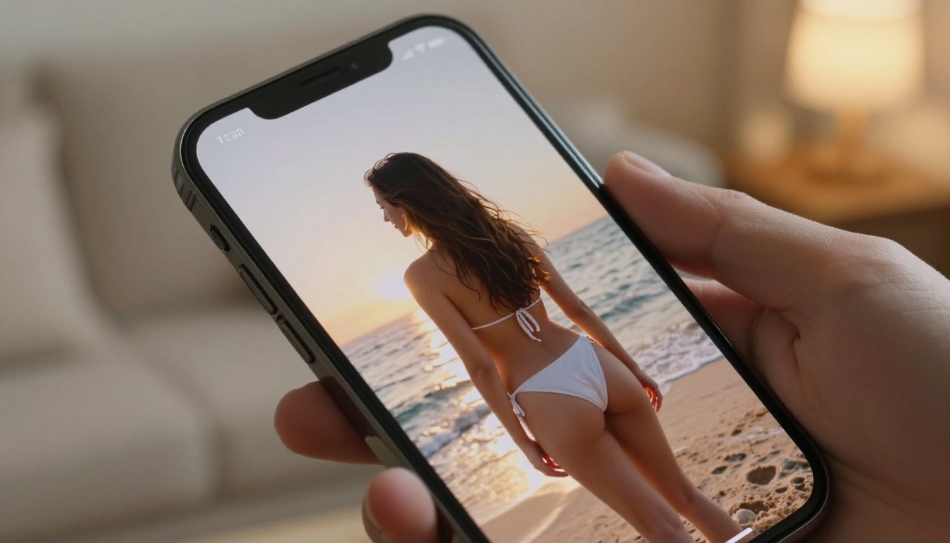 Close-up of phone screen showing a photorealistic AI-generated beach image Close-up of phone screen showing a photorealistic AI-generated beach image