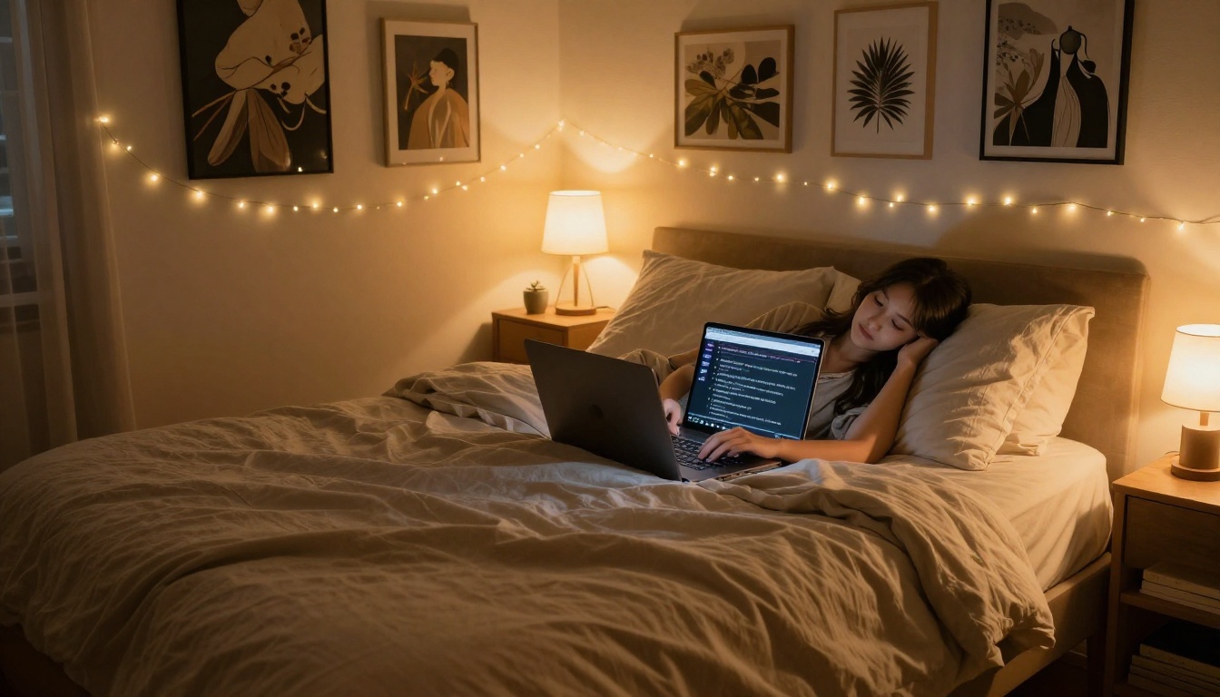 Person in cozy bedroom at night browsing Reddit AI threads on laptop Person in cozy bedroom at night browsing Reddit AI threads on laptop
