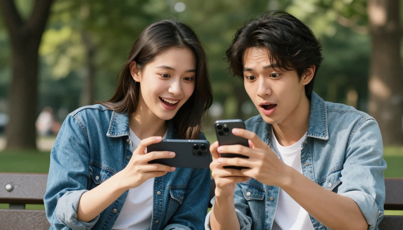 Two friends on a park bench sharing excitement over an AI-generated image on a phone Two friends on a park bench sharing excitement over an AI-generated image on a phone
