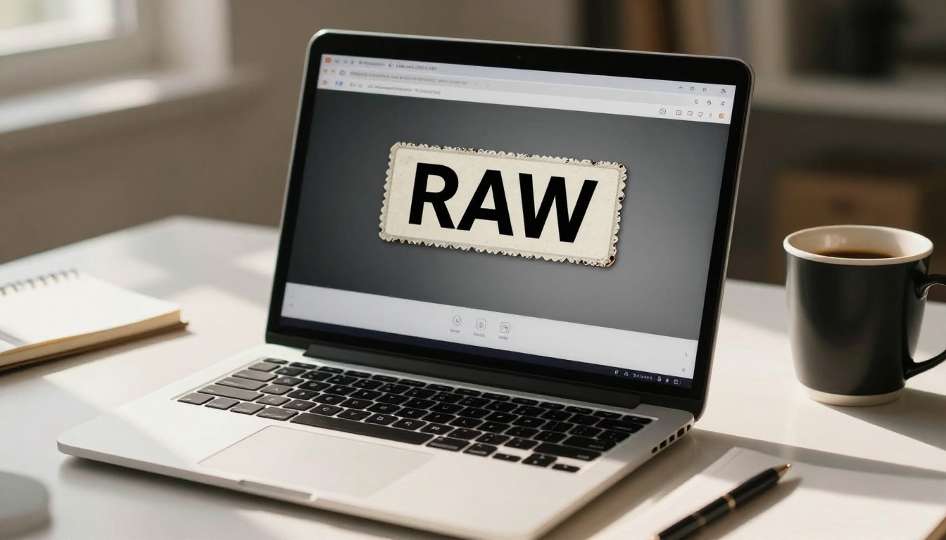 A laptop screen showing a video export interface with a watermark stamp on the preview, white desk, coffee, natural daylight