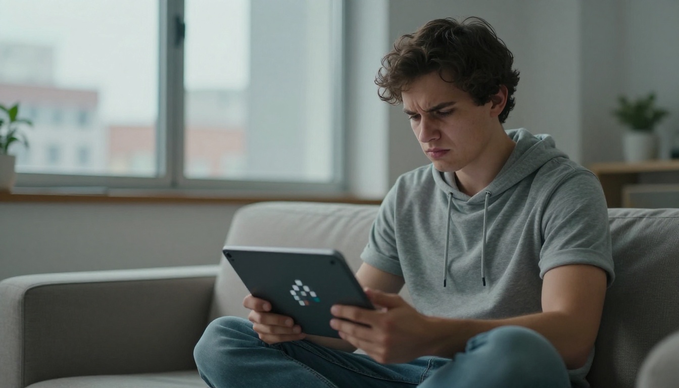 Young man in grey hoodie on sofa holding tablet, pixelated video visible, natural apartment daylight