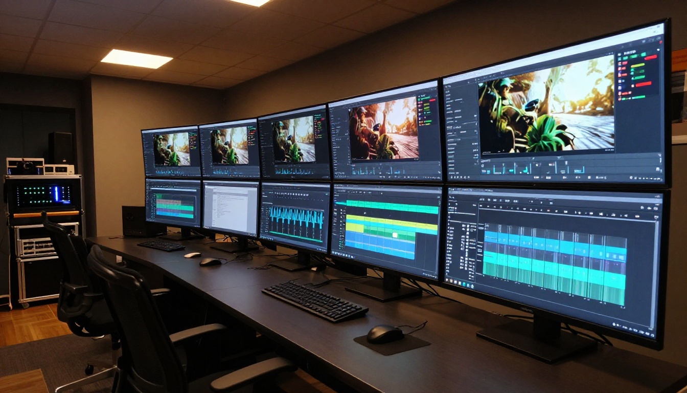 Wide angle professional video editing suite with multiple monitors, premium software, warm studio lighting
