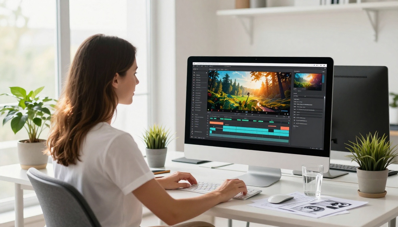Creative woman at bright Scandinavian workspace with iMac showing premium video platform, morning light, joyful atmosphere Creative woman at bright Scandinavian workspace with iMac showing premium video platform, morning light, joyful atmosphere