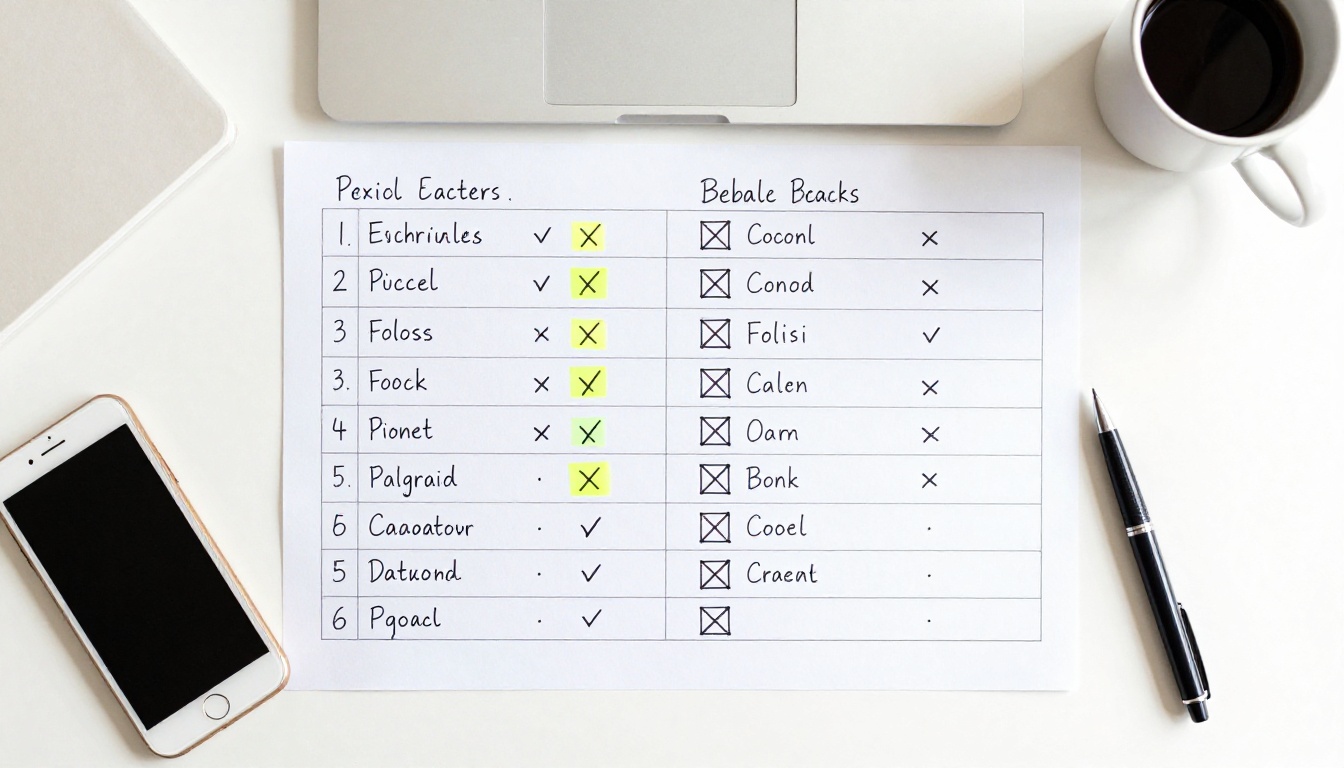 Aerial flat-lay of a printed comparison chart with checkmarks and cross marks, laptop and coffee nearby on white desk
