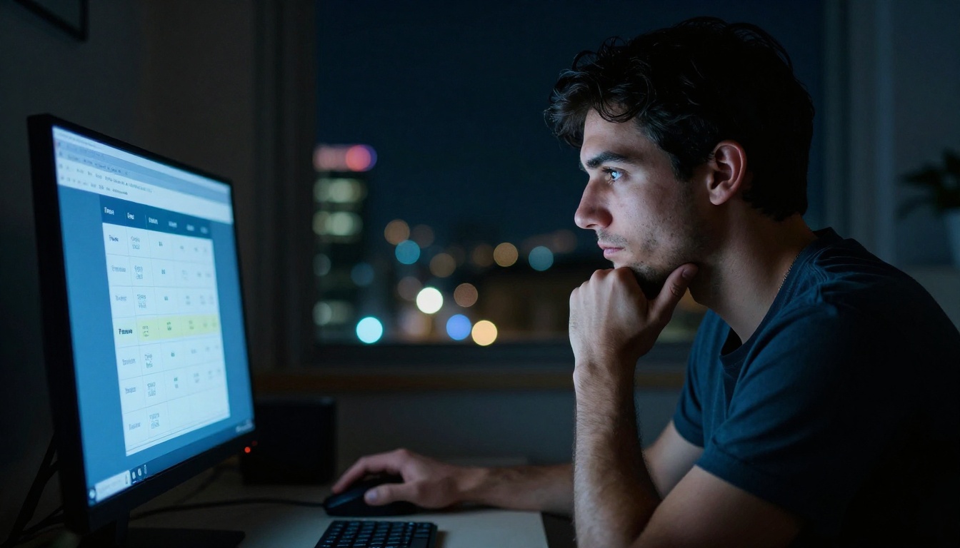 Man at night, monitor glow on face, reviewing a pricing page with subscription tiers visible on screen