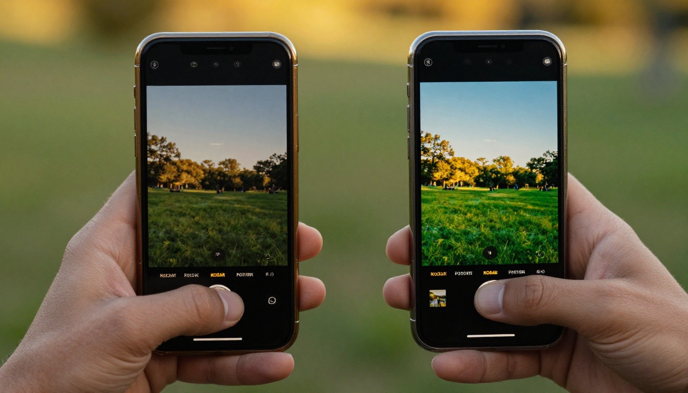 Two smartphones held side by side outdoors, one with watermark and washed out colors, other with vibrant clean output Two smartphones held side by side outdoors, one with watermark and washed out colors, other with vibrant clean output