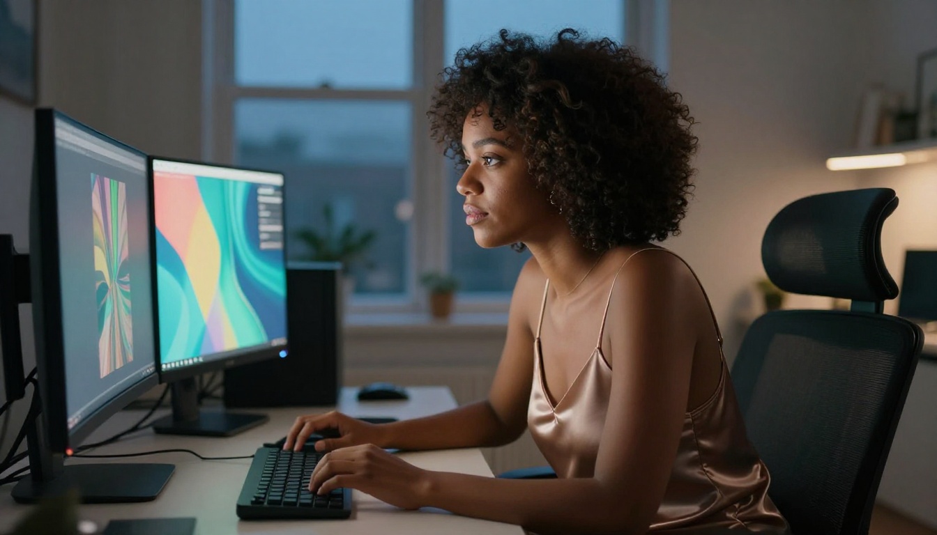 Woman creating AI content in home office setup - evening workflow