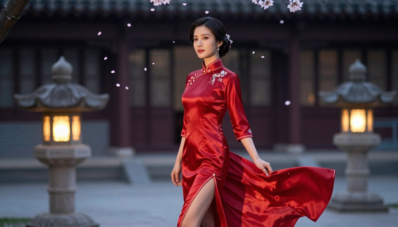 Traditional courtyard fashion photography with cherry blossoms - AI generated