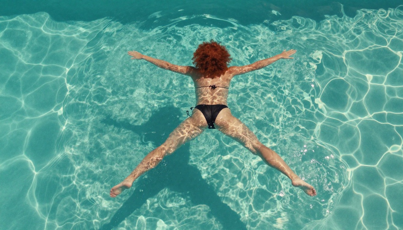 Aerial view of woman floating in turquoise pool - overhead AI photography