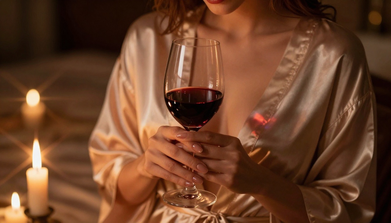 Candlelit boudoir close-up with red wine and satin robe - AI photography