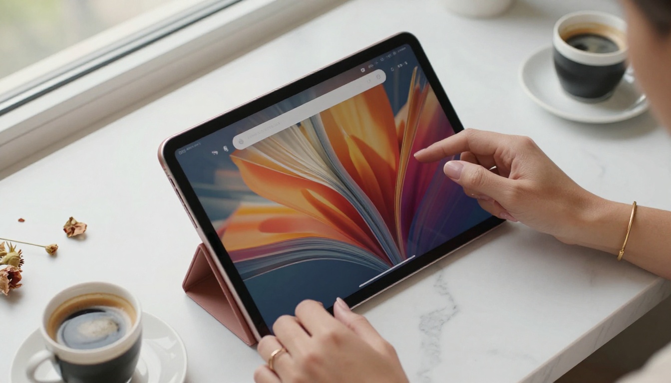 Close-up aerial overhead shot of a woman's hands scrolling through a vibrant digital flipbook on an iPad Pro on a white marble surface