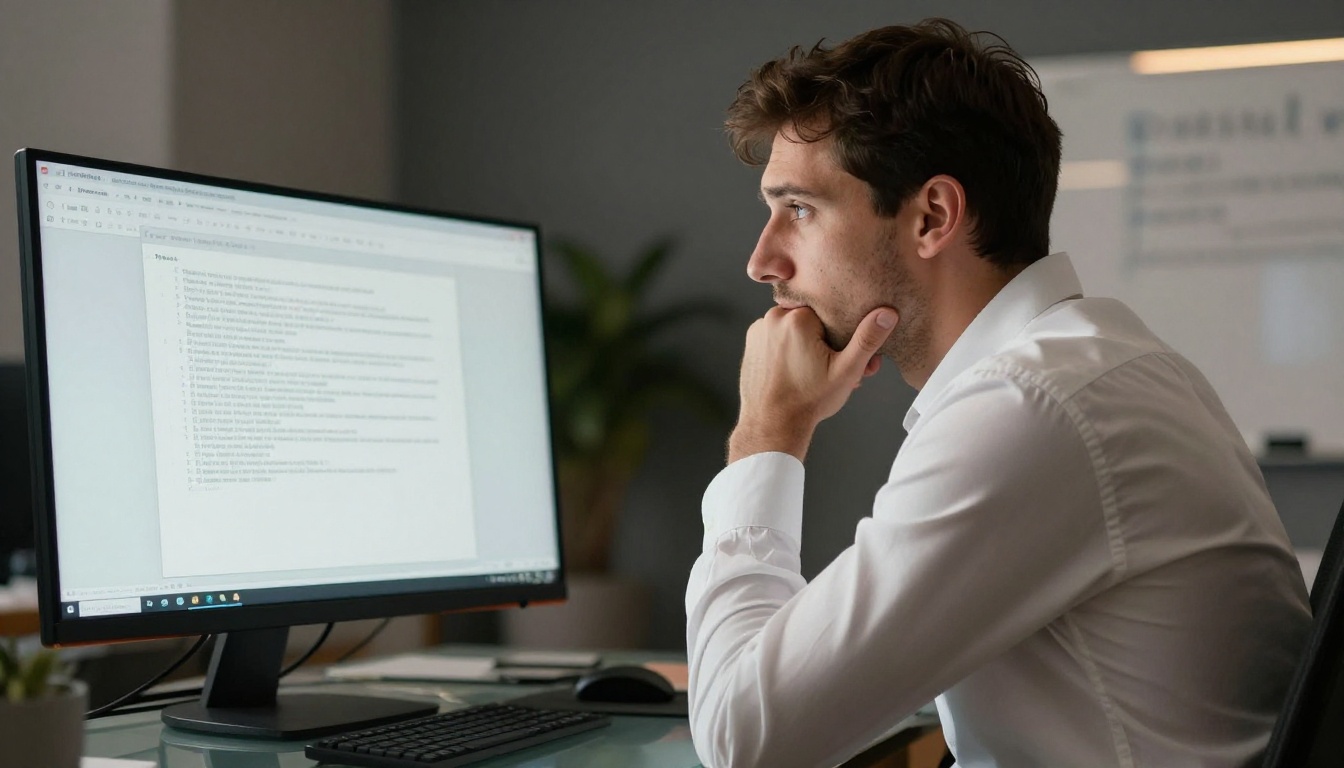 Man sitting at desk looking at a flat grey PDF document, expression mildly bored, modern office background