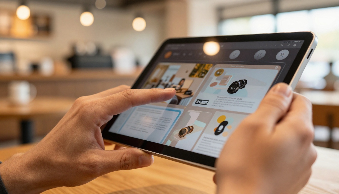Hands holding a tablet showing a digital flipbook page mid-turn with coffee shop background