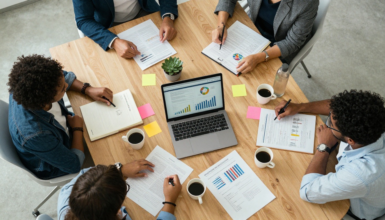 Aerial bird's-eye view of a marketing team gathered around a conference table reviewing analytics reports and click-rate charts