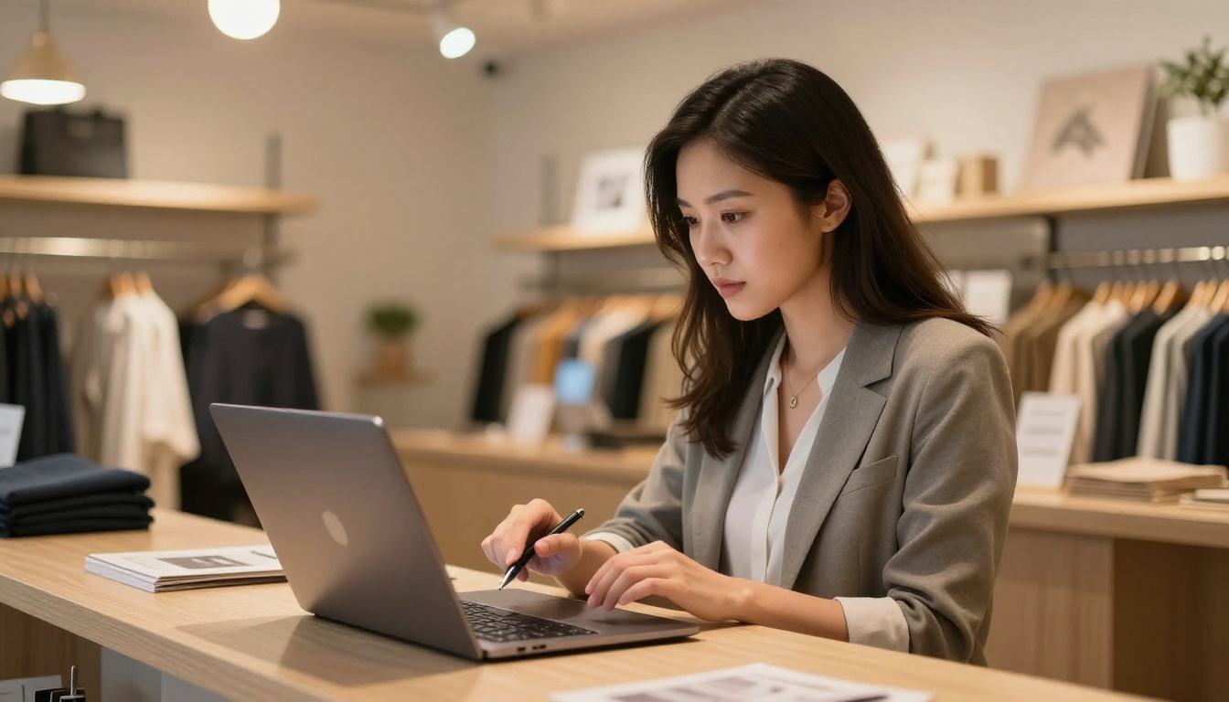 Small business owner reviewing a digital product catalog on a laptop in a boutique store