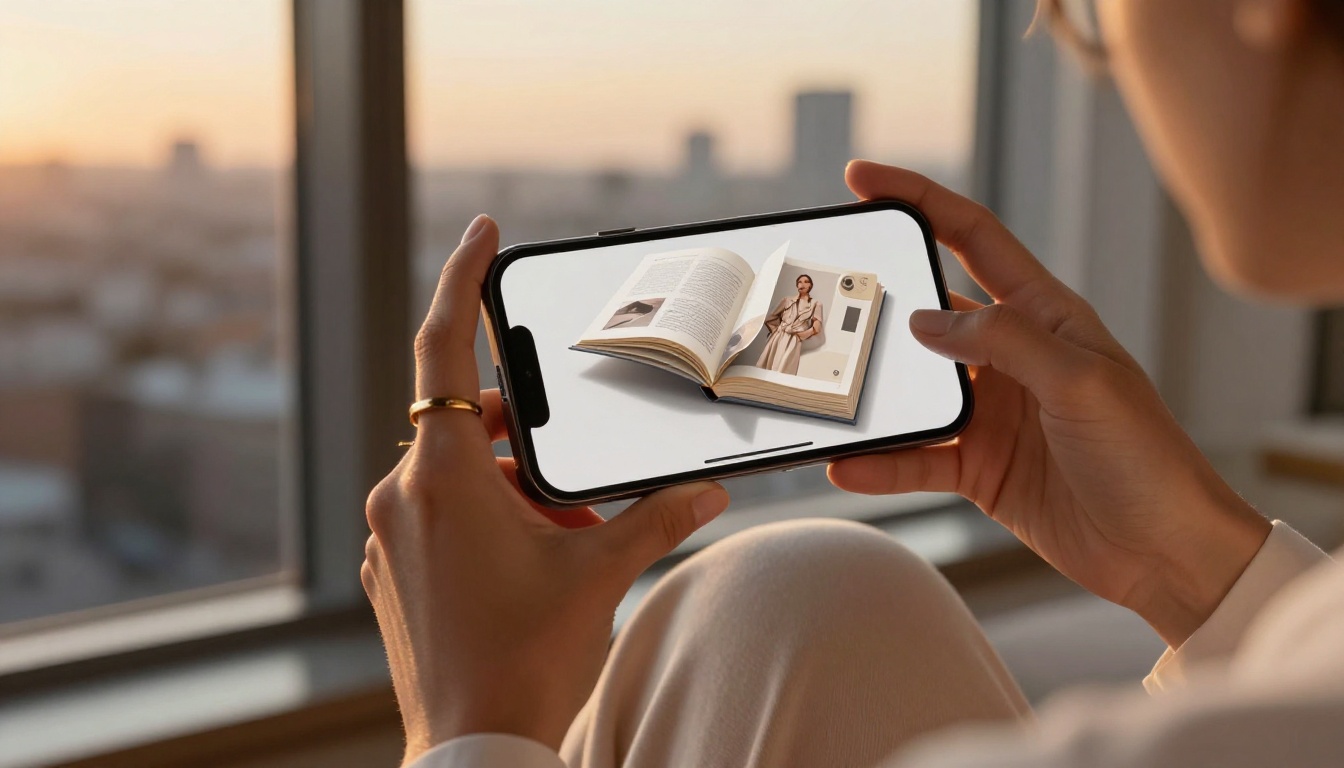 Low-angle close-up of a woman's hands holding a smartphone displaying a fashion lookbook digital flipbook, page mid-turn, blurred cityscape at dusk behind her