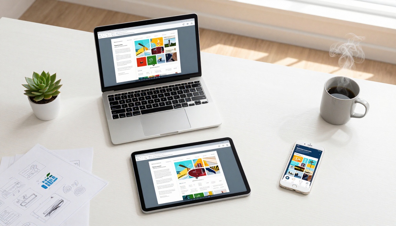 Laptop, tablet, and smartphone on a minimalist desk showing the same flipbook interface from above Laptop, tablet, and smartphone on a minimalist desk showing the same flipbook interface from above