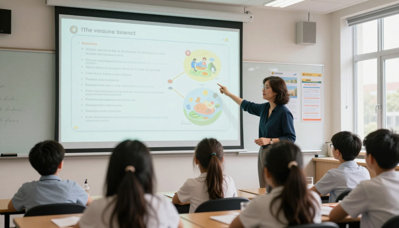 Teacher presenting a digital flipbook on a projector screen to engaged classroom students